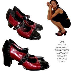 VINTAGE 90'S NINE WEST CAP TOE CHUNKY MARY JANE LEATHER HEELS SANDALS 9 1/2